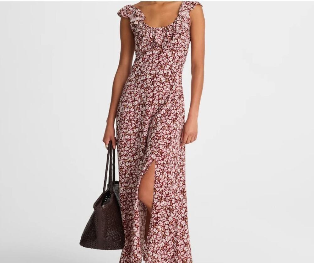 Madewell Floral Maxi Dress Ruffle Neck Sleeveless Burgundy White Size 12